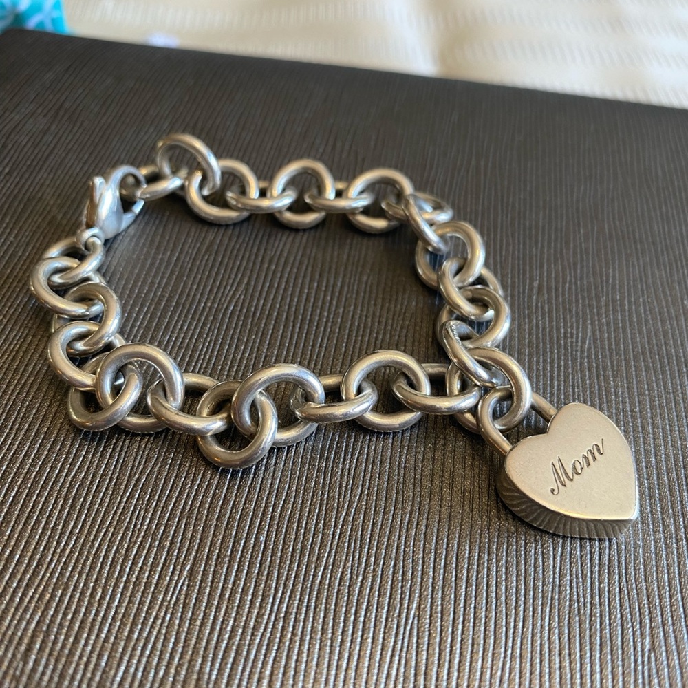 Tiffany & Co Sterling Silver Heart Mom Padlock Charm Bracelet 7 inch - Authentic